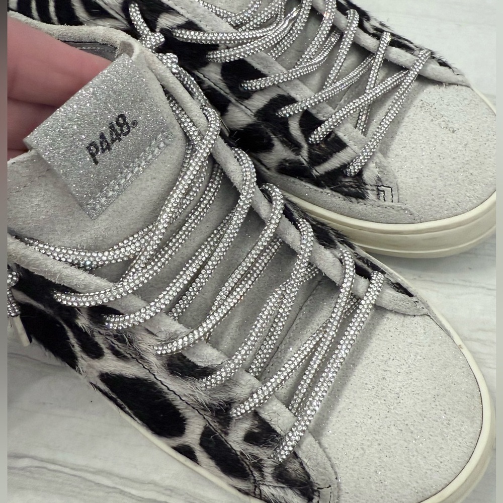 P448 Animal Print Fur Lined Tennis Shoes with Rhinestone Laces - Picture 7 of 13